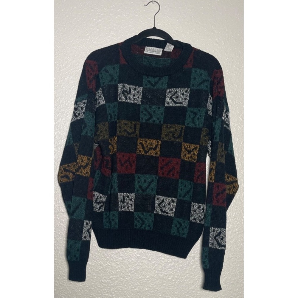 Vintage‎ Graphix Pullover Sweater Men's Large Multicolor Checkered Geometric Y2K